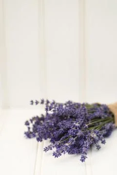 Beautiful fragrant lavender bunch in rustic home styled setting with copy spa Stock Photos