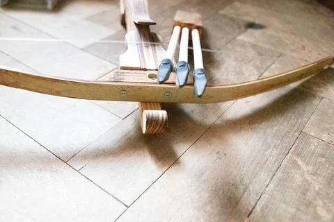 Beautiful front view close up of arrows and crossbow Stock Photos