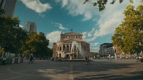 Beautiful Front View Of An Old Opera House In Frankfurt During A Sunny Day 스톡 동영상 142208813