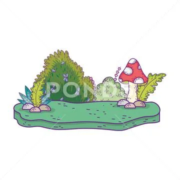 Beautiful garden bush and fungus landscape scene Stock Illustration