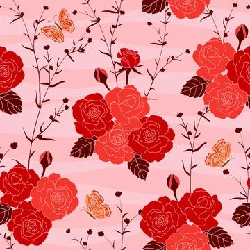 Beautiful garden rose seamless pattern in shades of red,perfect for fabric,.. Stock Illustration