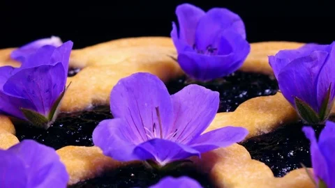 Beautiful garnishing cake with spotted crane's bill flowers in 4K Stock Footage