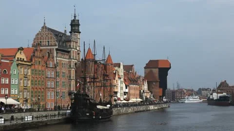 Beautiful Gdansk Cityscape, Krantor, Motlawa River, Old Ship, Medieval Town Stock Footage