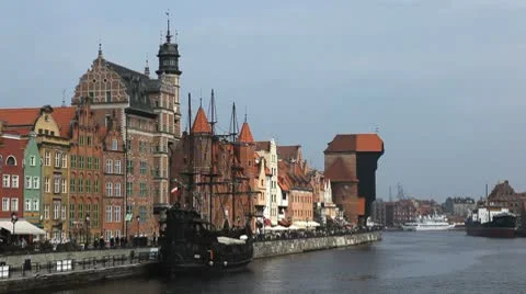 Beautiful Gdansk Cityscape, Krantor, Motlawa River, Old Ship, Medieval Town Stock Footage