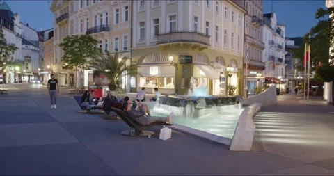 Beautiful Germany Old Town and City Center at Night, Baden-Baden Stock Footage