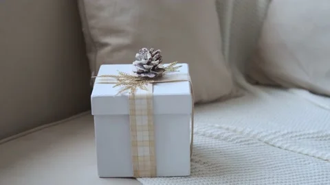 Beautiful gift box on the sofa Stock Footage 145859242