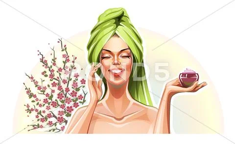Beautiful girl with cream and sakura Stock Illustration