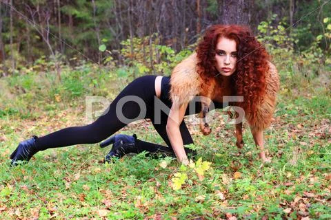 Beautiful girl with curly hair poses on grass in autumn forest Stock Photos