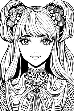 A beautiful girl, featuring decorations and costumes, doodle, coloring book.  스톡 일러스트