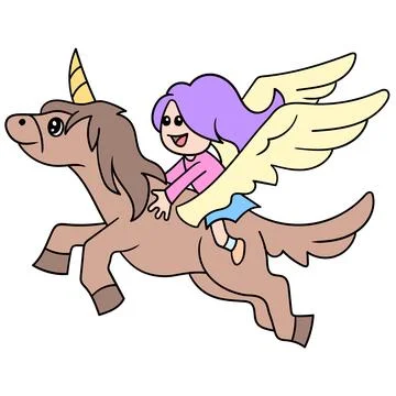 Beautiful girl flying on a winged horse, doodle icon image kawaii Stock Illustration
