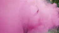 Beautiful Girl In A Forest Waves Around A Pink Smoke Grenade Stock Footage