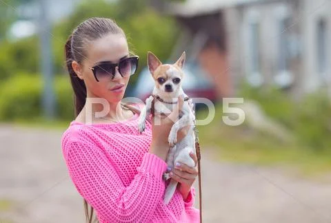 Beautiful girl hugging little dog Stock Photos