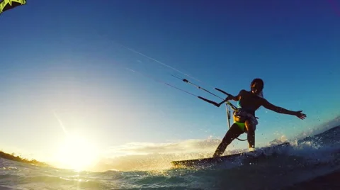 Beautiful Girl Kite Surfing in Bikini. Extreme Kite Boarding in Slow Motion.  Stock Footage