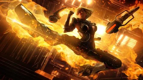 A beautiful girl is a martial artist, makes an epic jet fire kick in a jump,  Stock Illustration