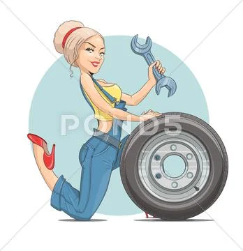 Beautiful girl mechanic with wheel Stock Illustration