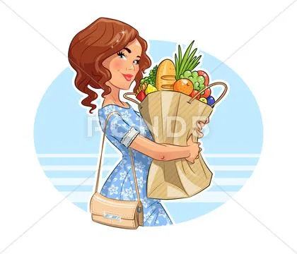 Beautiful girl with package of products. Shopping. Stock Illustration
