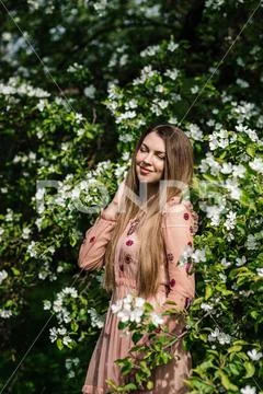 Beautiful girl in a pink dress on a background of white flowers in a blooming ap Stock Photos