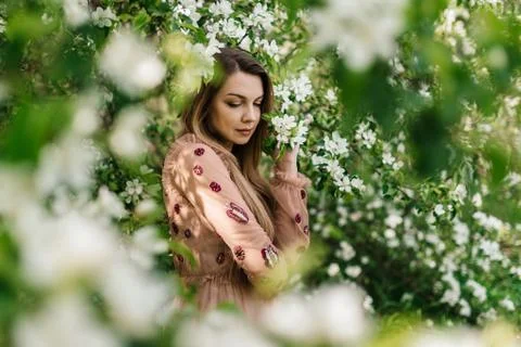 Beautiful girl in a pink dress stands sideways in white colors in a blossoming  Stock Photos