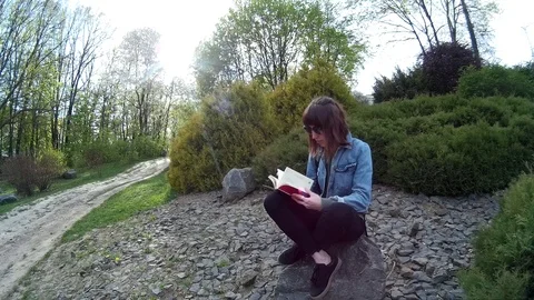 Beautiful girl reading a book while sitting on a rock in a park Video stock 89663161