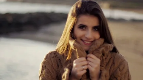 Beautiful girl smiling looking camera walking closeup Stock Footage 76840255