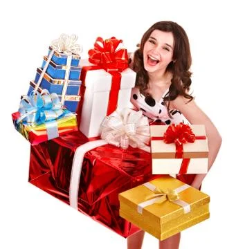 Beautiful girl with stack of gift box. 스톡 사진
