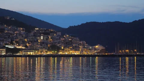 Beautiful Greece town reflected in sea water, magical night landscape Stock Footage 305162829