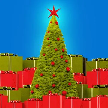 Beautiful, green, Christmas tree made of fur with red toys surrounded by large Stock Illustration
