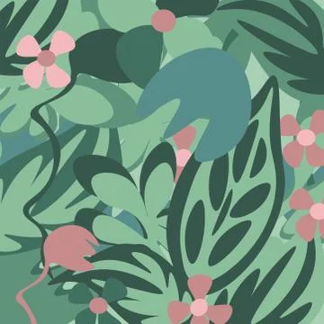 Beautiful green pink abstraction patterns of leaves and flowers Stock Illustration