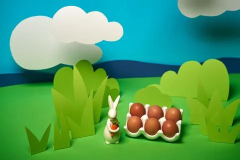 Beautiful green spring background with easter rabbits Stock Photos