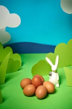 Beautiful green spring background with easter rabbits Stock Photos