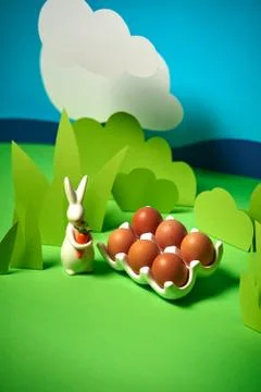 Beautiful green spring background with easter rabbits Stock Photos