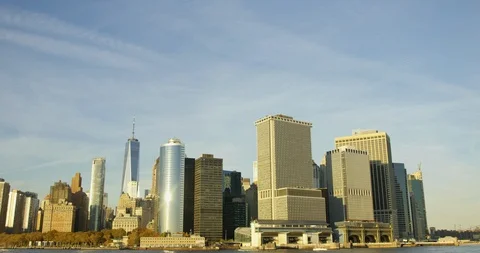 Beautiful Group of New York Impressive Skyscrapers on Hudson River  Stock Footage 112159944