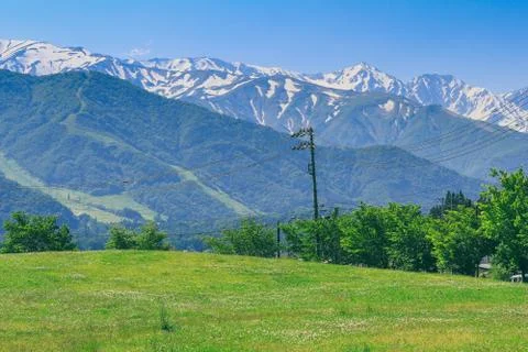 Beautiful Hakuba mountain range  in spring season , Nagano Prefecture Japan. Stock Photos