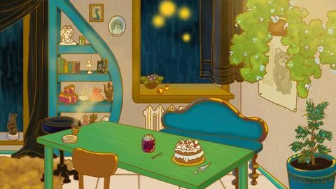 Beautiful hand drawn kitchen interior with table and cake for tea party. Design Stock Illustration