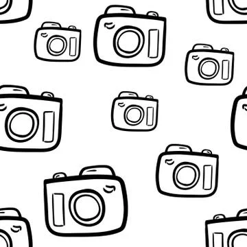 Beautiful hand drawn seamless pattern  fashion camera icon. Hand drawn black  Illustrazione stock