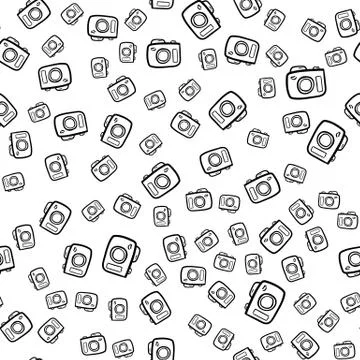Beautiful hand drawn seamless pattern  fashion camera icon. Hand drawn black  Stock Illustration