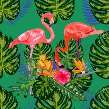 Beautiful hand drawn seamless pattern with palm leaves and flamingo. Illustrazione stock