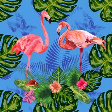 Beautiful hand drawn seamless pattern with palm leaves and flamingo. 스톡 일러스트
