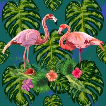 Beautiful hand drawn seamless pattern with palm leaves and flamingo. 스톡 일러스트