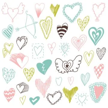 Beautiful hand drawn set of different hearts. Stock Illustration