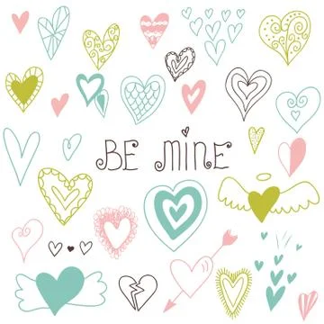 Beautiful hand drawn set of different hearts. Stock Illustration