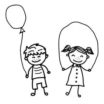 Beautiful hand-drawn vector illustration of a pair of children a boy and a girl Ilustração Stock