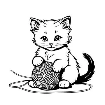 Beautiful hand-drawn vector illustration of funny cat playing with a ball of Stock Illustration