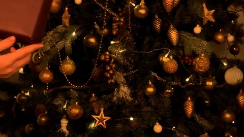 Beautiful hands give a gift on the background of the Christmas tree. Dark purple Stock-Footage 120134092
