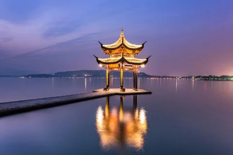 Beautiful hangzhou twilight time and ancient pavilion Stock Photos