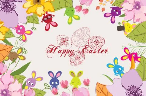 Beautiful happy Easter card with bunny and floral wreath Stock Illustration