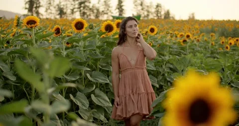 Beautiful, happy model walks through sunflower field during sunset 库存影片 211420157