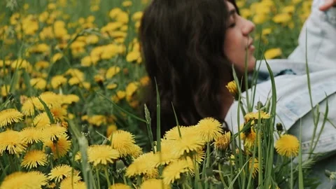 Beautiful happy young dark-haired woman is lying on the grass on a summer day Stock Footage 199241457
