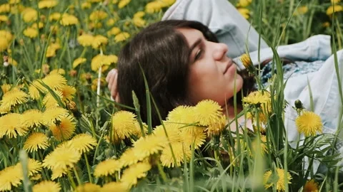 Beautiful happy young dark-haired woman is lying on the grass on a summer day Stock Footage 199241489