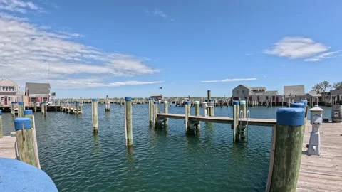 Beautiful Harbor View With Docks and Clear Blue Sky on a Sunny Day Stock Footage 317714006